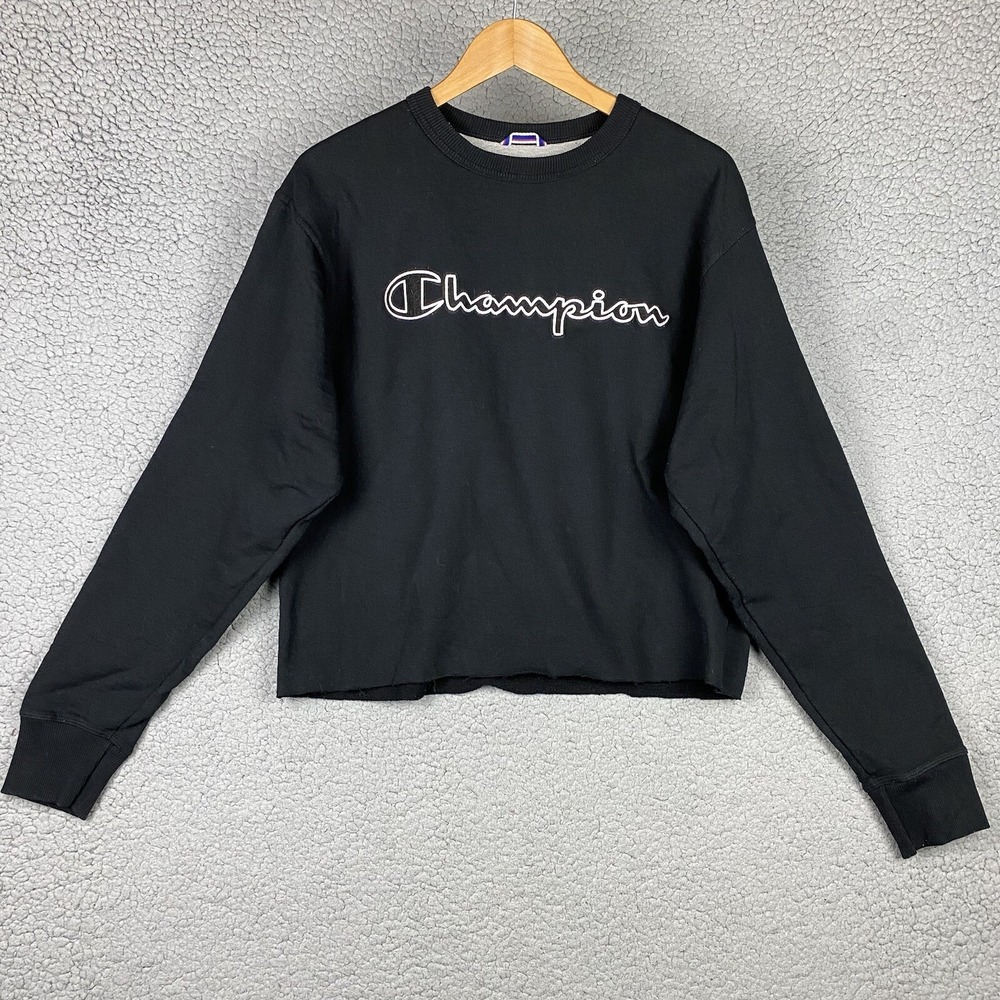 Champion Black Cropped Oversized Sweatshirt M Spellout Embroidered Logo Stitched